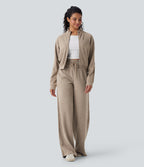 2026🔥 Ribbed SoCinched High Waisted Tummy Control Drawstring Wide Leg Color Block Casual Trousers with Pockets