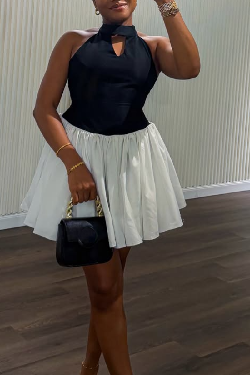 Women Neck Hanging Sleeveless Patchwork Elegant Casual Mini Dresses