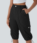Mid-Rise Ruched Cargo Quick-Dry Casual Pedal Pusher Pants with Pockets