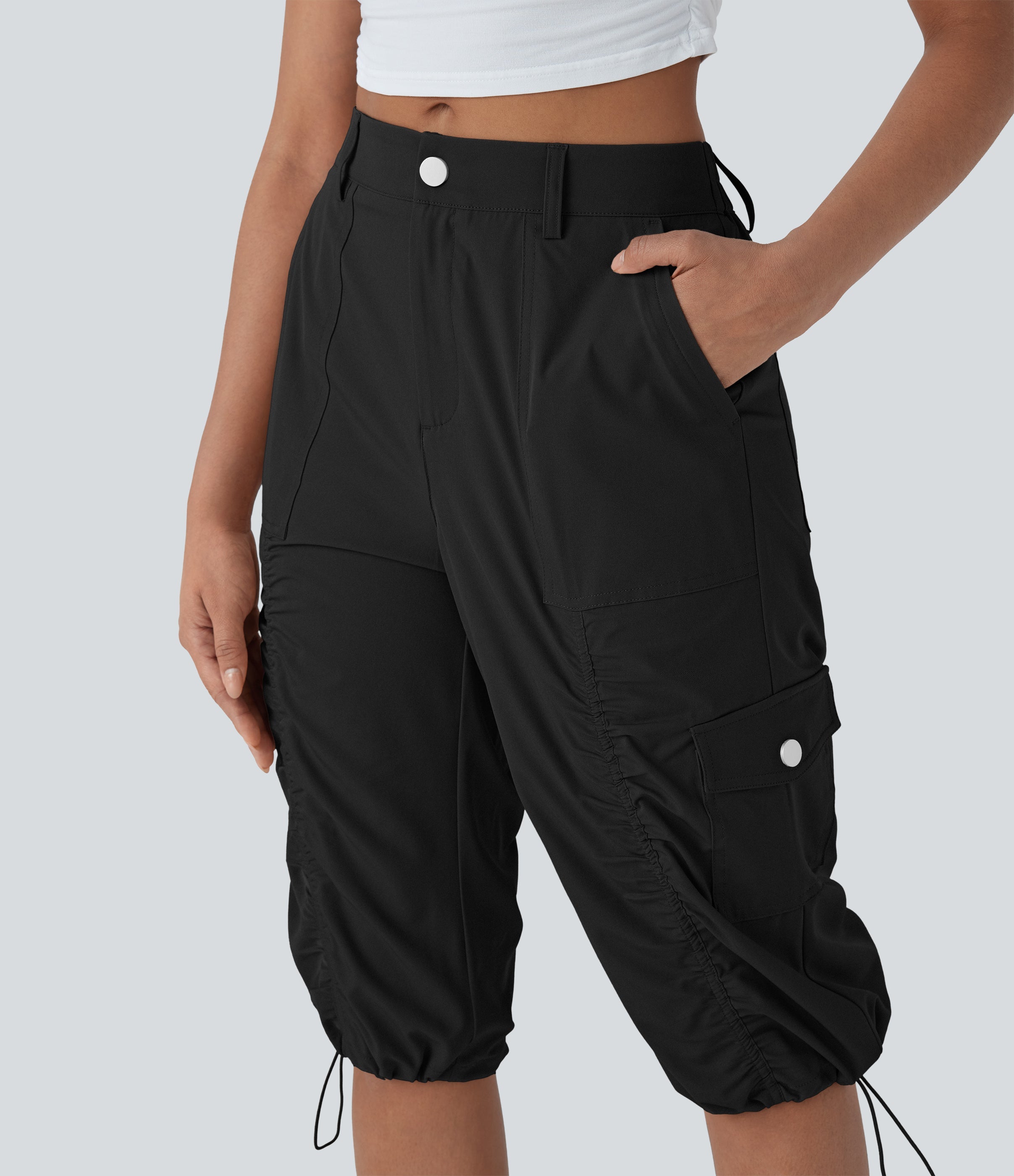 Mid-Rise Ruched Cargo Quick-Dry Casual Pedal Pusher Pants with Pockets