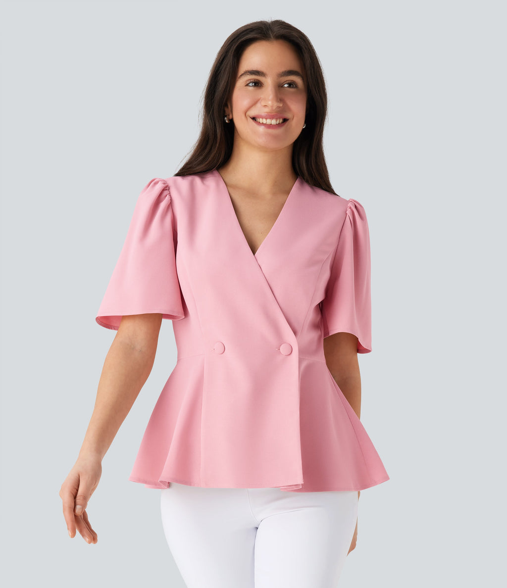 V Neck Short Sleeve Ruffle Hem Work Top