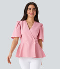 V Neck Short Sleeve Ruffle Hem Work Top
