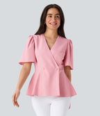V Neck Short Sleeve Ruffle Hem Work Top