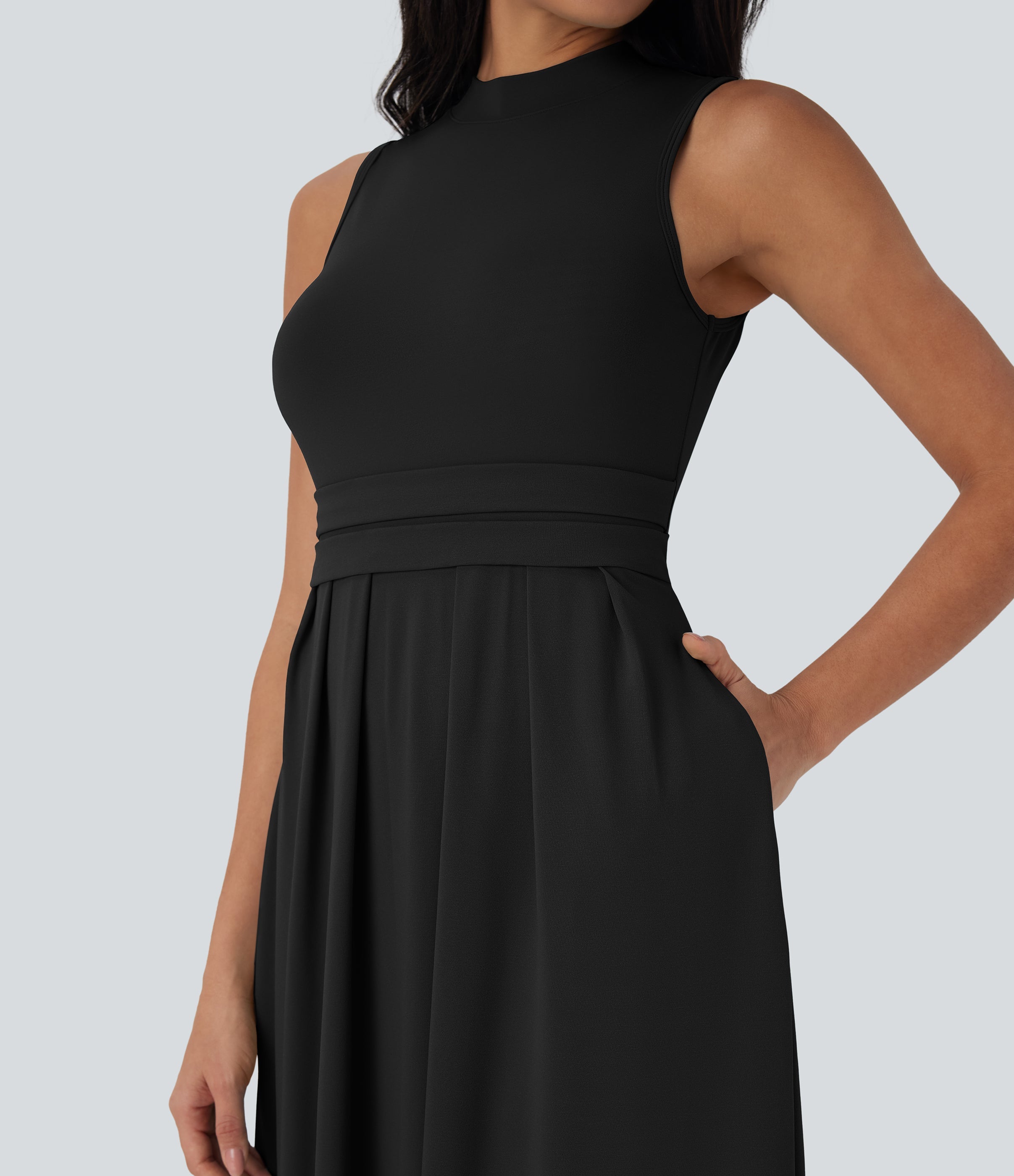 Stand Collar Sleeveless Flare Maxi Casual Dress with Pockets