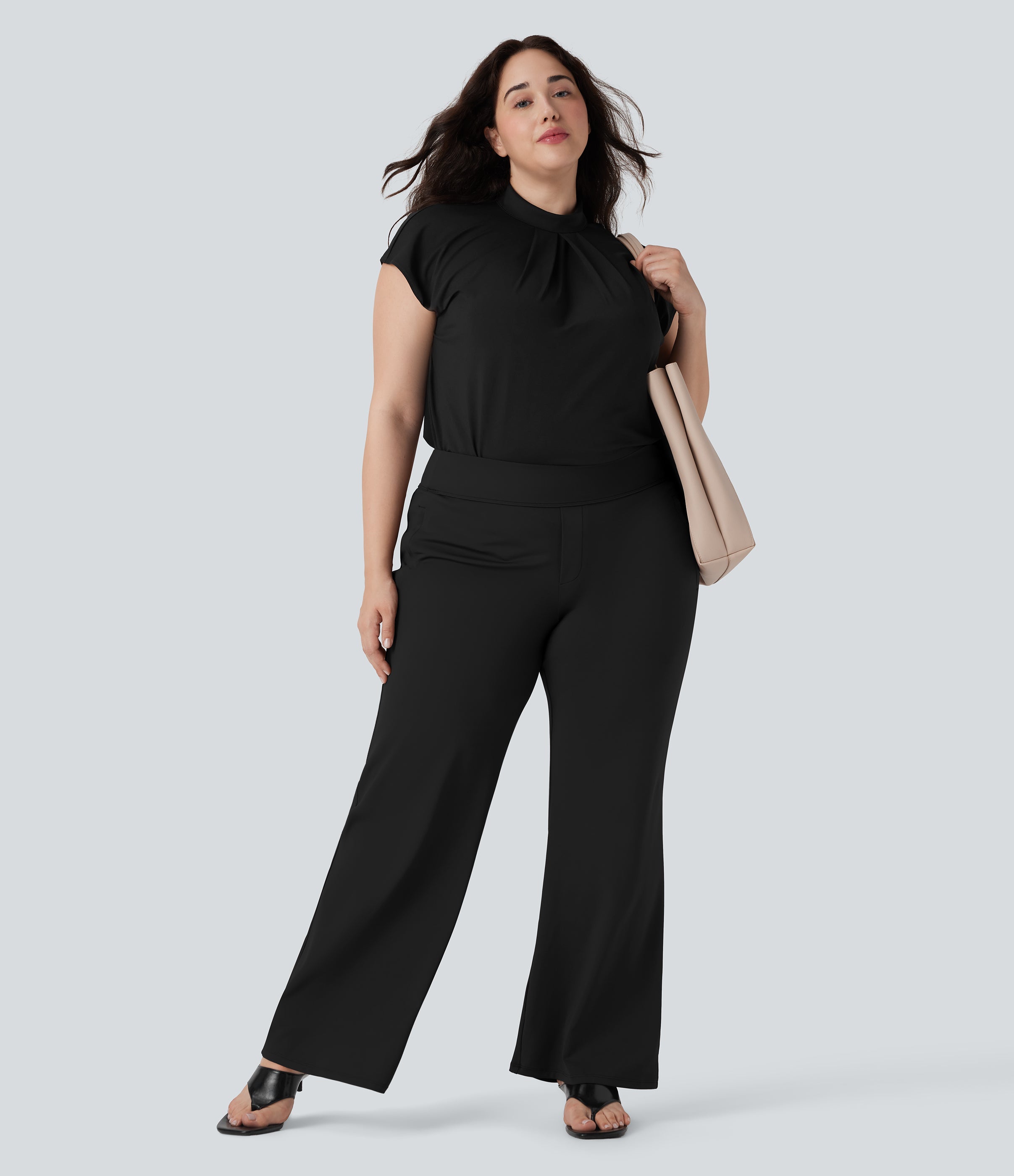Plus Size FlexTM High Waisted Work Flare Pants with Side Zip Pockets