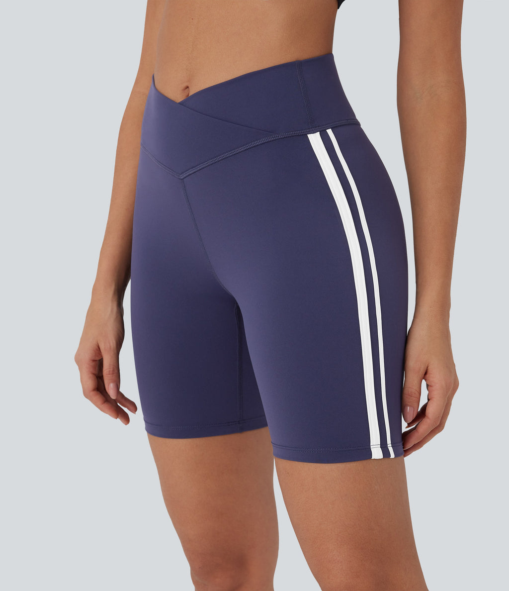 Crossover Mid Rise Color Block Stripe Yoga Biker Shorts 7''