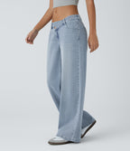 FlexTM Asymmetric Low Rise Zipper Pockets Baggy Wide Leg Washed Casual Jeans
