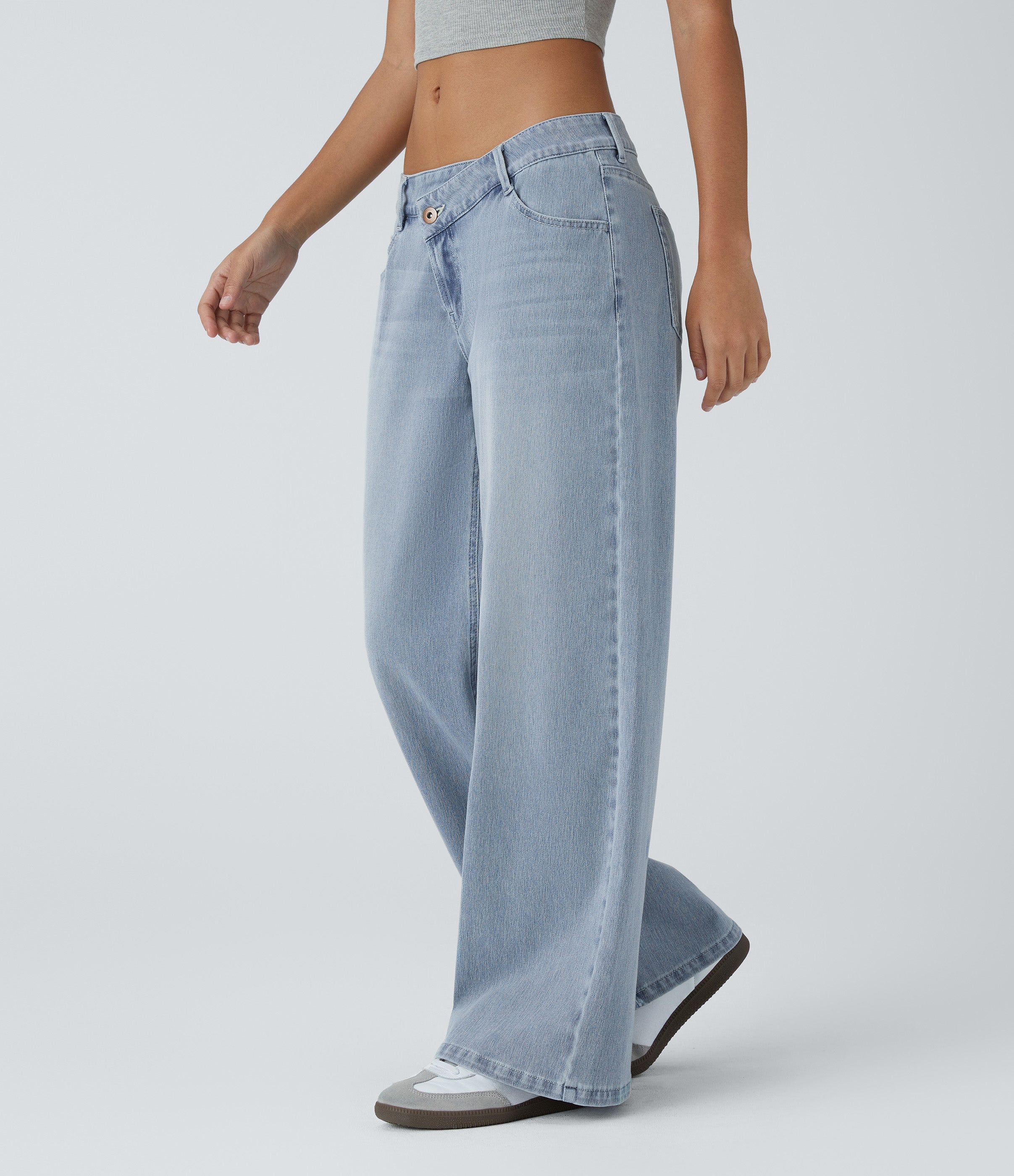 FlexTM Asymmetric Low Rise Zipper Pockets Baggy Wide Leg Washed Casual Jeans