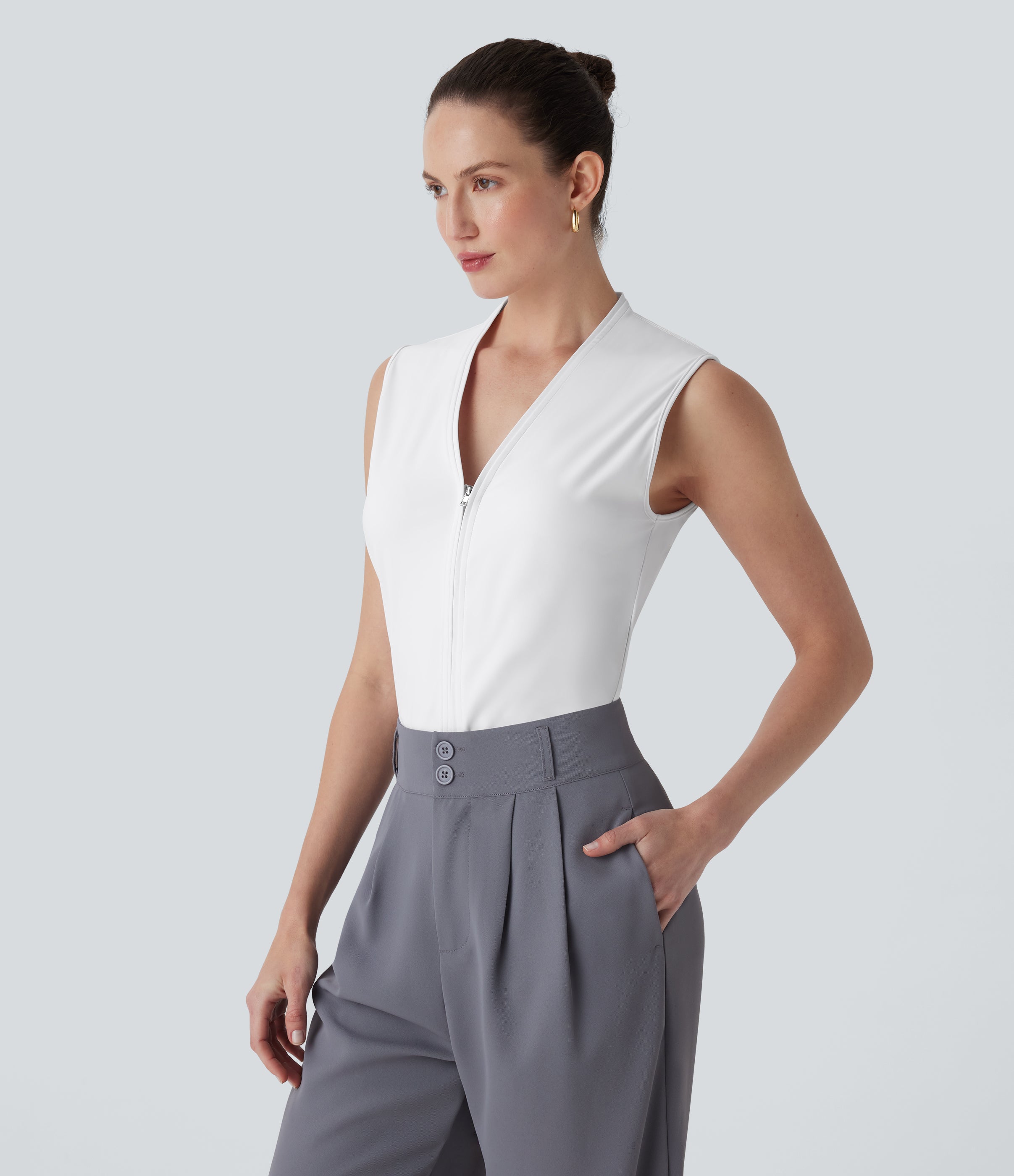 SoftlyZeroTM Airy V Neck Zipper Sleeveless Cool Touch Work Blouse-UPF50+
