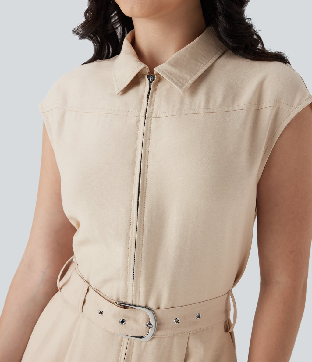 Half Zipper Cap Sleeve Straight Leg Belted Work Linen-Feel Jumpsuit with Pockets