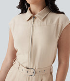 Half Zipper Cap Sleeve Straight Leg Belted Work Linen-Feel Jumpsuit with Pockets