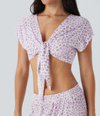 Tie Front Short Sleeve Leopard Print Cropped Lounge Top