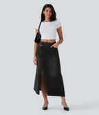 FlexTM Asymmetric Mid Rise Denim Maxi Casual Skirt with Pockets