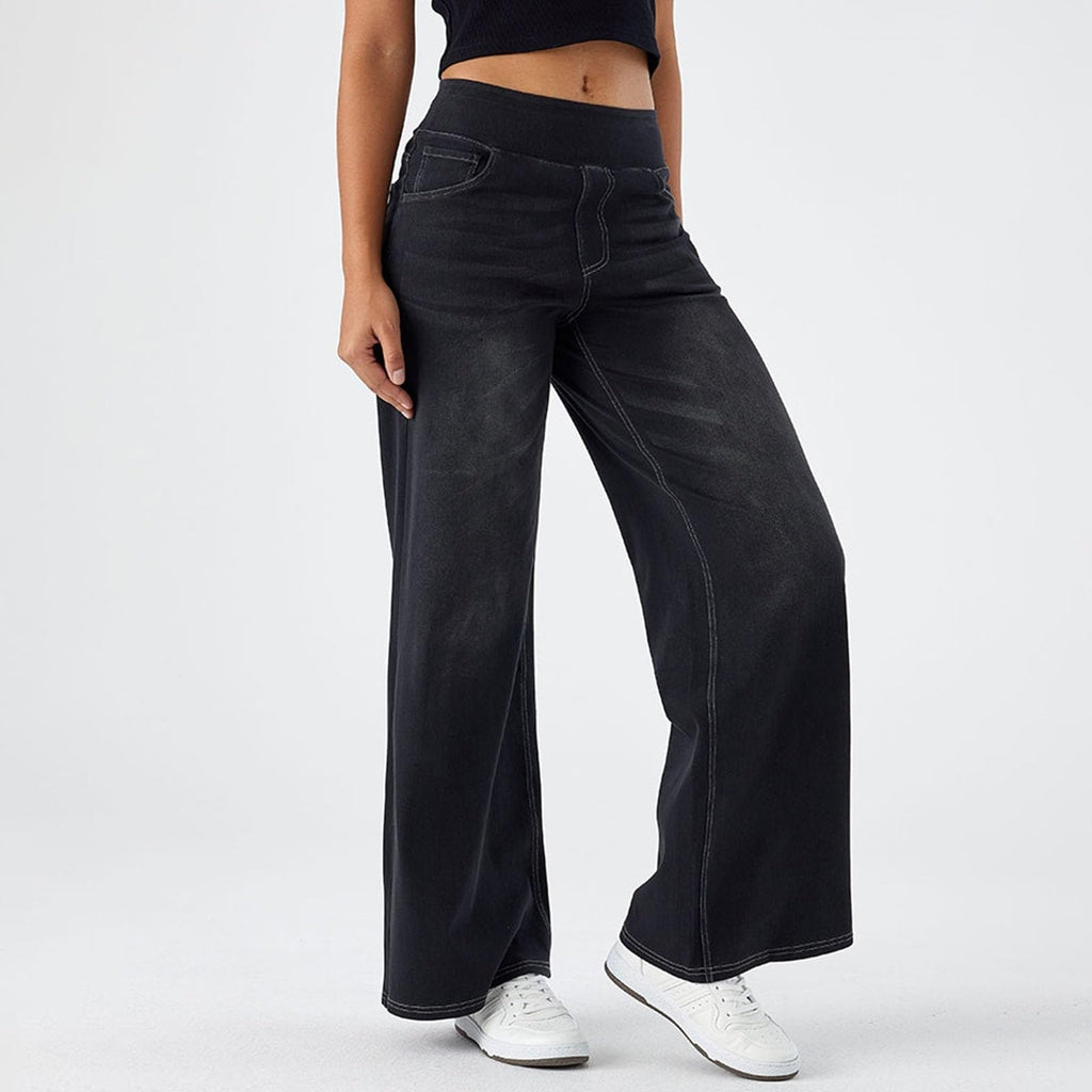 2026🔥 FlexTM High Waisted Multiple Pockets Baggy Wide Leg Washed Stretchy Knit Casual Jeans
