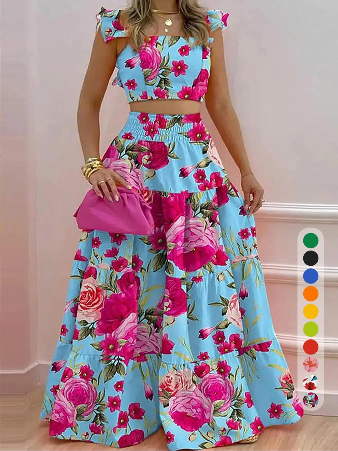 Women's Solid Color / Floral Print Shirred Top & Long Skirt Two-piece Set, Boho Fashion Casual Top & Skirt for Daily Holiday Vacation Wear, Ladies for Summer
