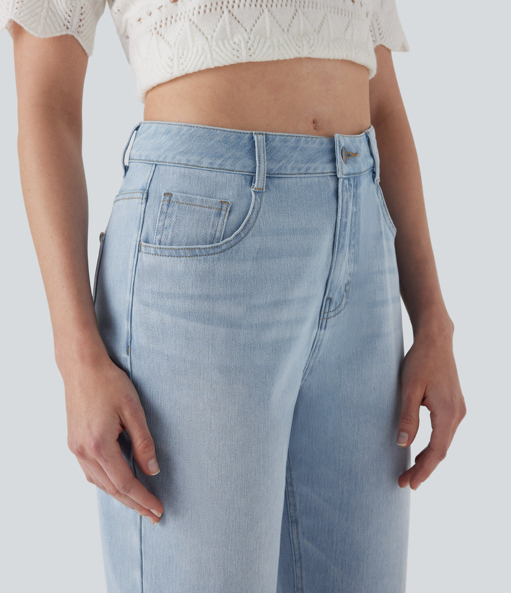 FlexTM Mid Rise Straight Leg Washed Casual Jeans with Pockets