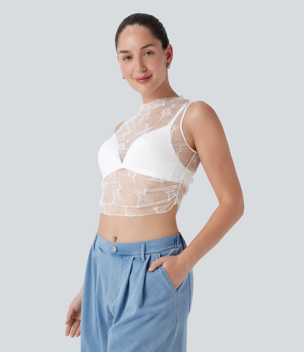 Mock Neck Sleeveless Ruched Cropped Sheer Lace Casual Top