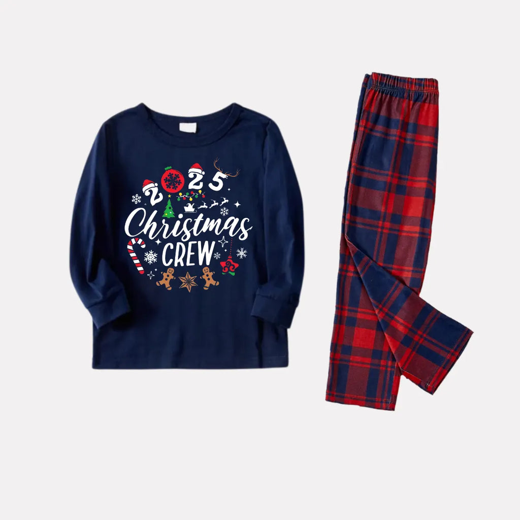"2025 Christmas Crew" Text and Santa Hat Prints Blue Long Sleeves Top with Red and Blue Plaid Pants Christmas Matching Pajamas
