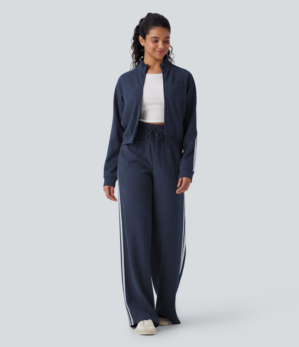 2026🔥 Ribbed SoCinched High Waisted Tummy Control Drawstring Wide Leg Color Block Casual Trousers with Pockets