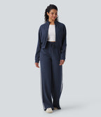 2026🔥 Ribbed SoCinched High Waisted Tummy Control Drawstring Wide Leg Color Block Casual Trousers with Pockets