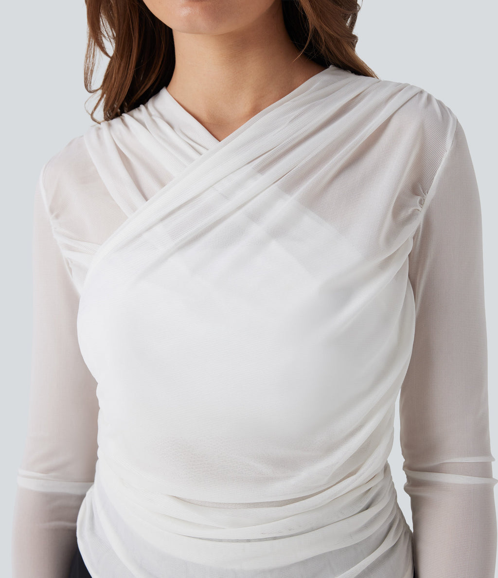 Sheer Mesh Crossover V Neck Ruched Casual Top