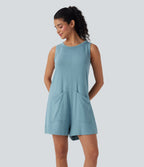Round Neck Sleeveless Casual Jumpsuit with Pockets