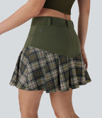 Mid Rise 2-in-1 Contrast Plaid Pleated Mini Casual Skirt with Pockets
