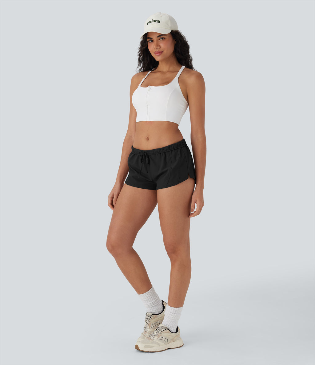 Water Repellent Foldover Low waist Drawstring 2-in-1 Twill Running Micro Shorts with Pocket