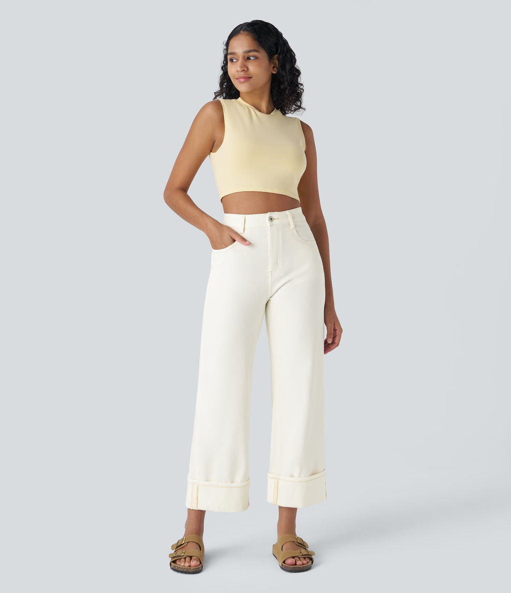 FlexTM High Waisted Multiple Pockets Rolled Hem Wide Leg Washed Stretchy Knit Casual Jeans