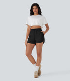 High Waisted Drawstring Contrast Mesh Curved Hem Yoga Shorts with Pockets