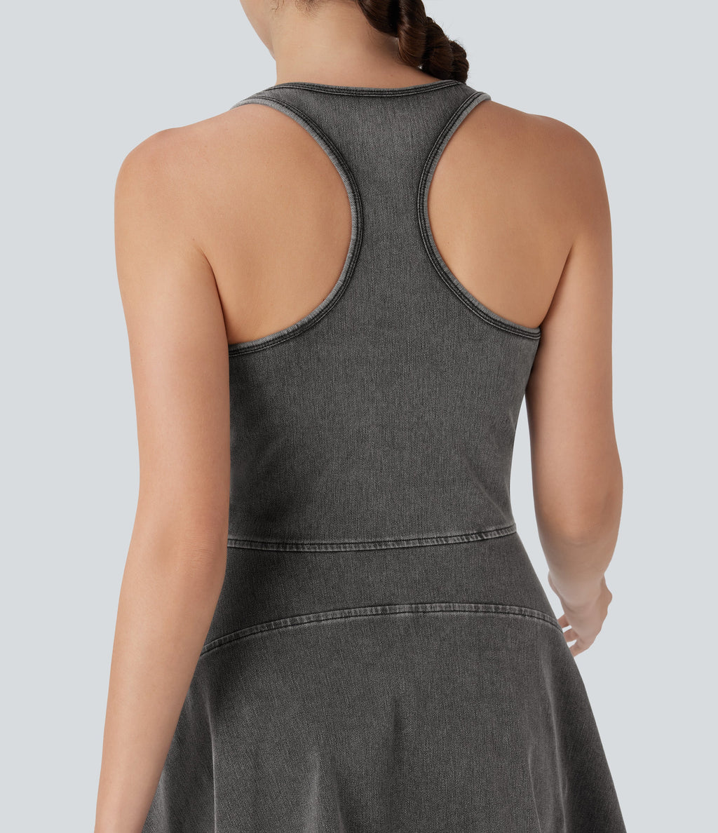 FlexTM Racerback Sleeveless Half Zipper Mini Washed Denim Casual Dress