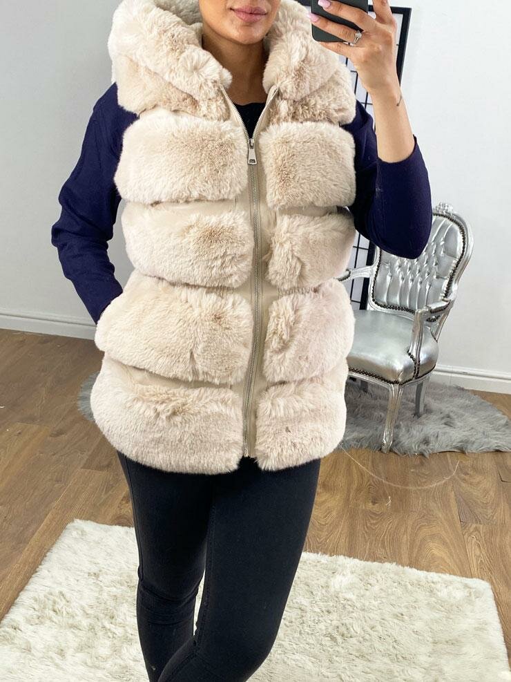 Candy Faux Fur Elasticated Waist Detailed Hooded Gilet