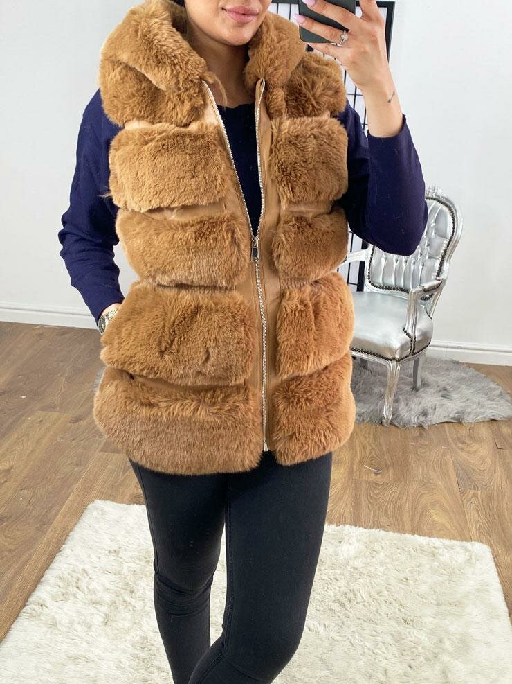 Candy Faux Fur Elasticated Waist Detailed Hooded Gilet