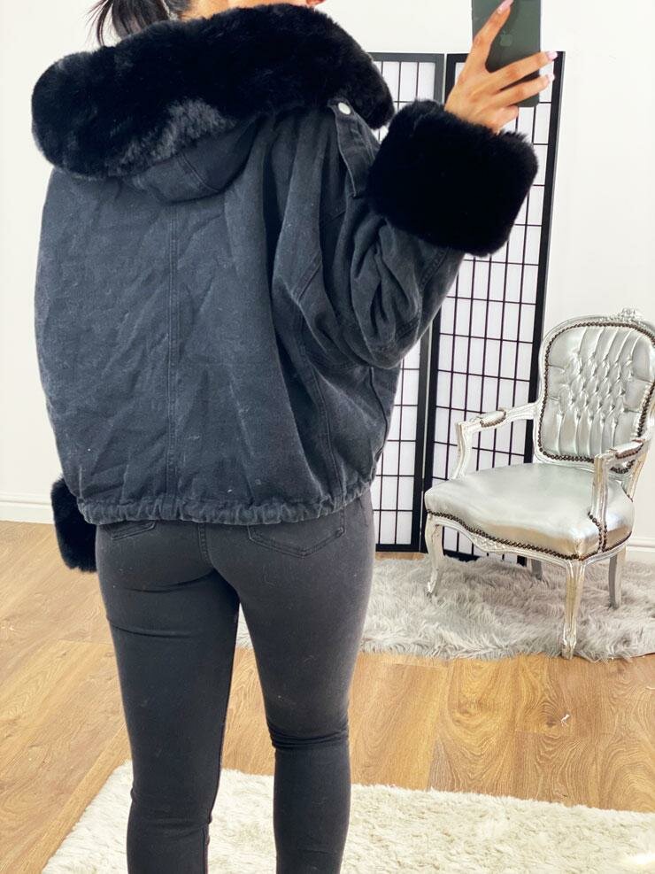 Carolana Black Denim Black Faux Fur Hooded Coat