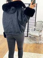 Carolana Black Denim Black Faux Fur Hooded Coat
