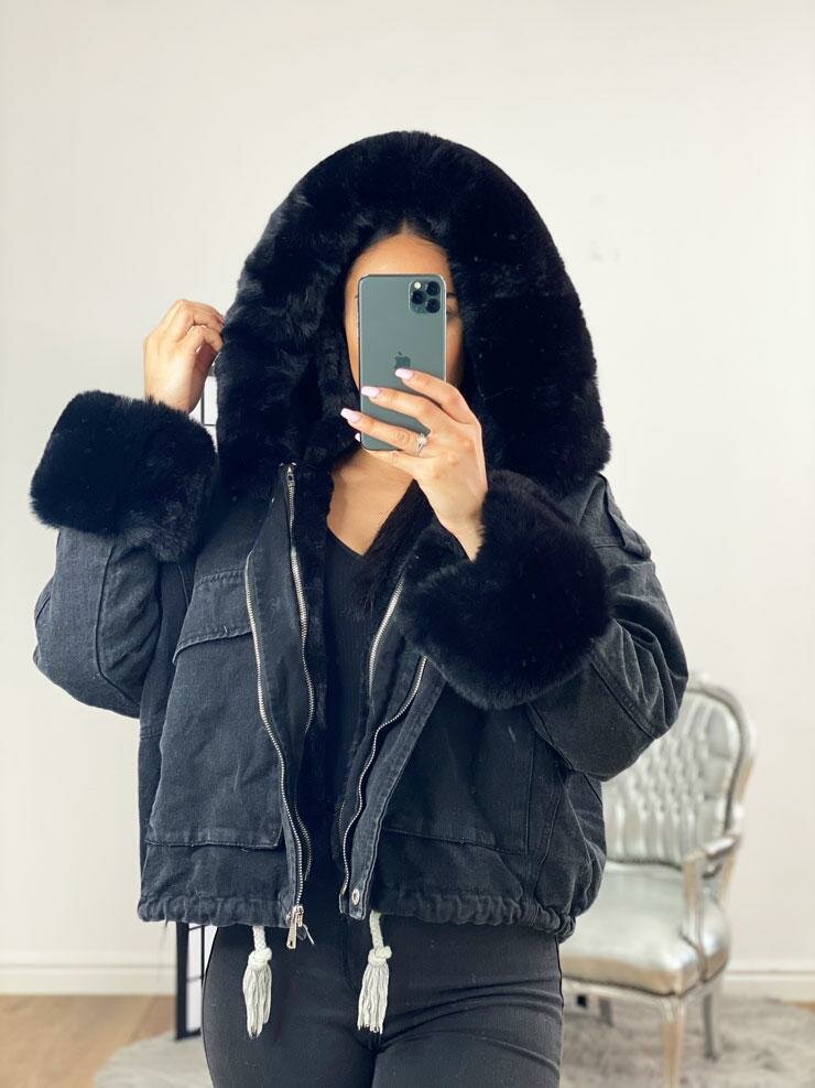 Carolana Black Denim Black Faux Fur Hooded Coat