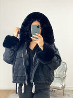 Carolana Black Denim Black Faux Fur Hooded Coat
