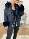 Carolana Black Denim Black Faux Fur Hooded Coat