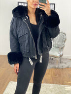 Carolana Black Denim Black Faux Fur Hooded Coat