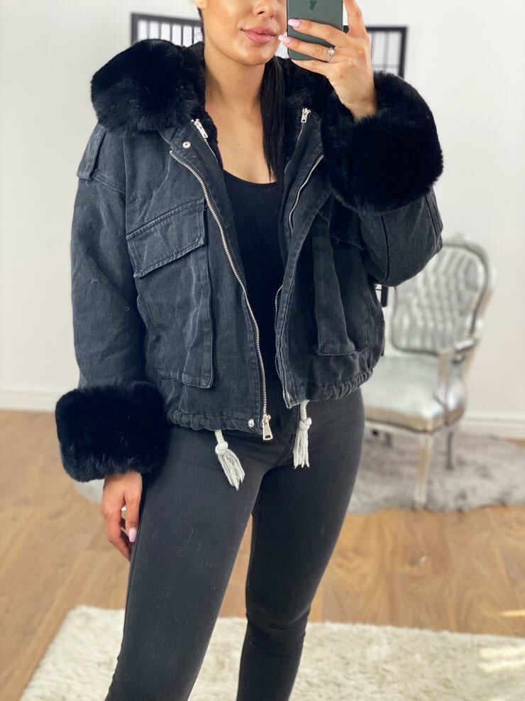 Carolana Black Denim Black Faux Fur Hooded Coat