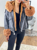 Carolana Dark Grey Denim Tan Faux Fur Hooded Coat