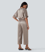 Crossover V Neck Belted Wide Leg Satin-like Work Jumpsuit with Pockets
