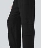 High Waisted Drawstring Wide Leg Cargo Casual Cotton Pants with Pockets