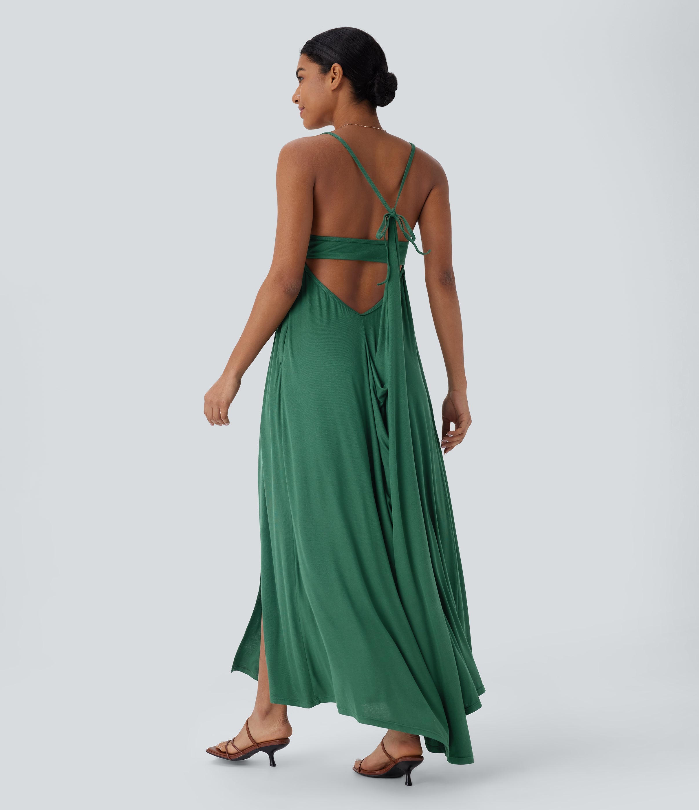 Ribbed Tie Back Ruched Maxi Slip Dress with Pockets