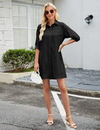 Womens Summer Shirt Dress Eyelet Hollow Out Short Dress with 3/4 Sleeves Button Down Casual Dress Summer Beach Dress