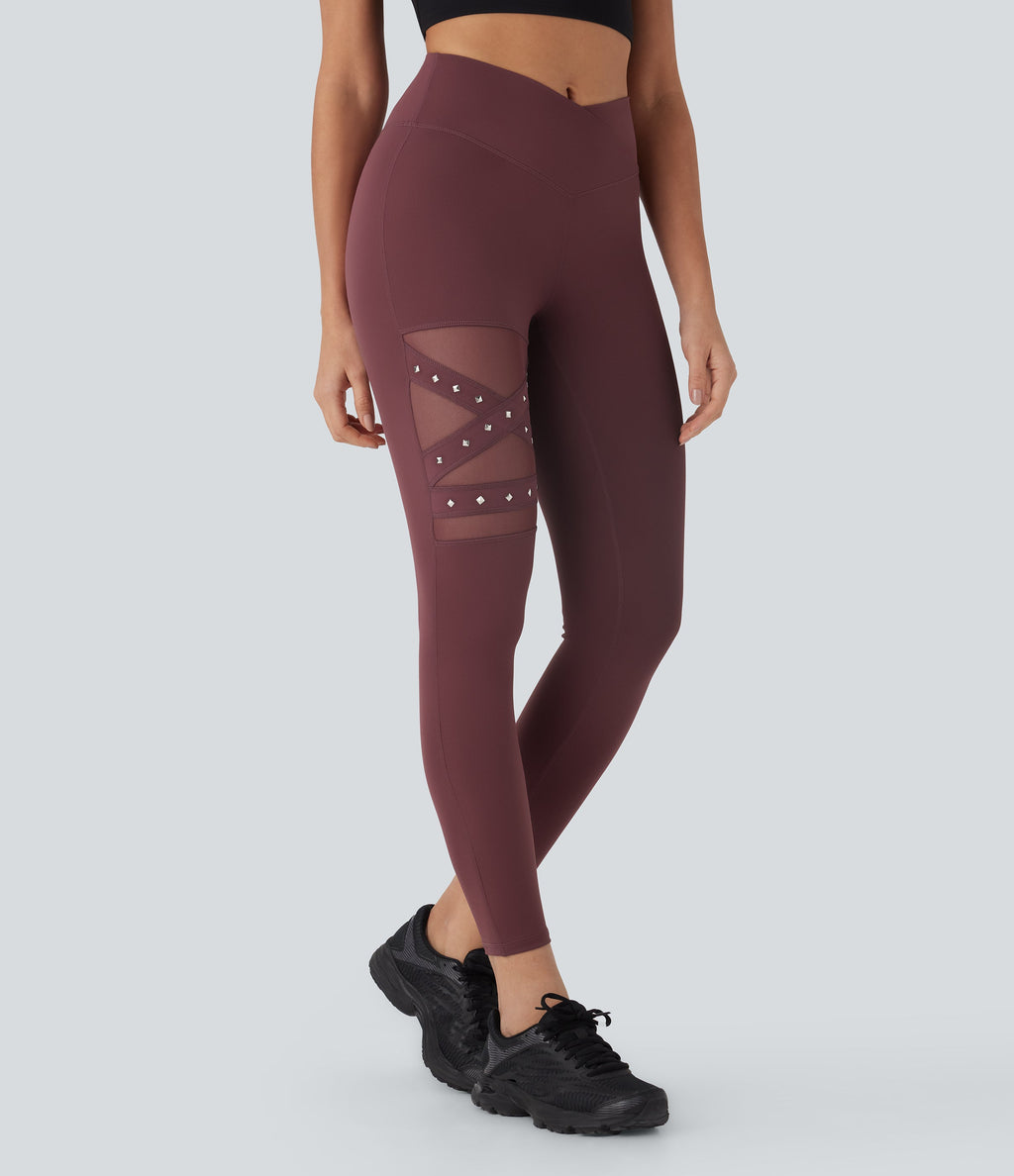 High Waisted Crossover Contrast Mesh Studded Yoga Leggings with Pocket