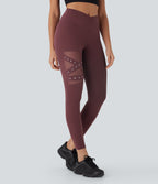 High Waisted Crossover Contrast Mesh Studded Yoga Leggings with Pocket