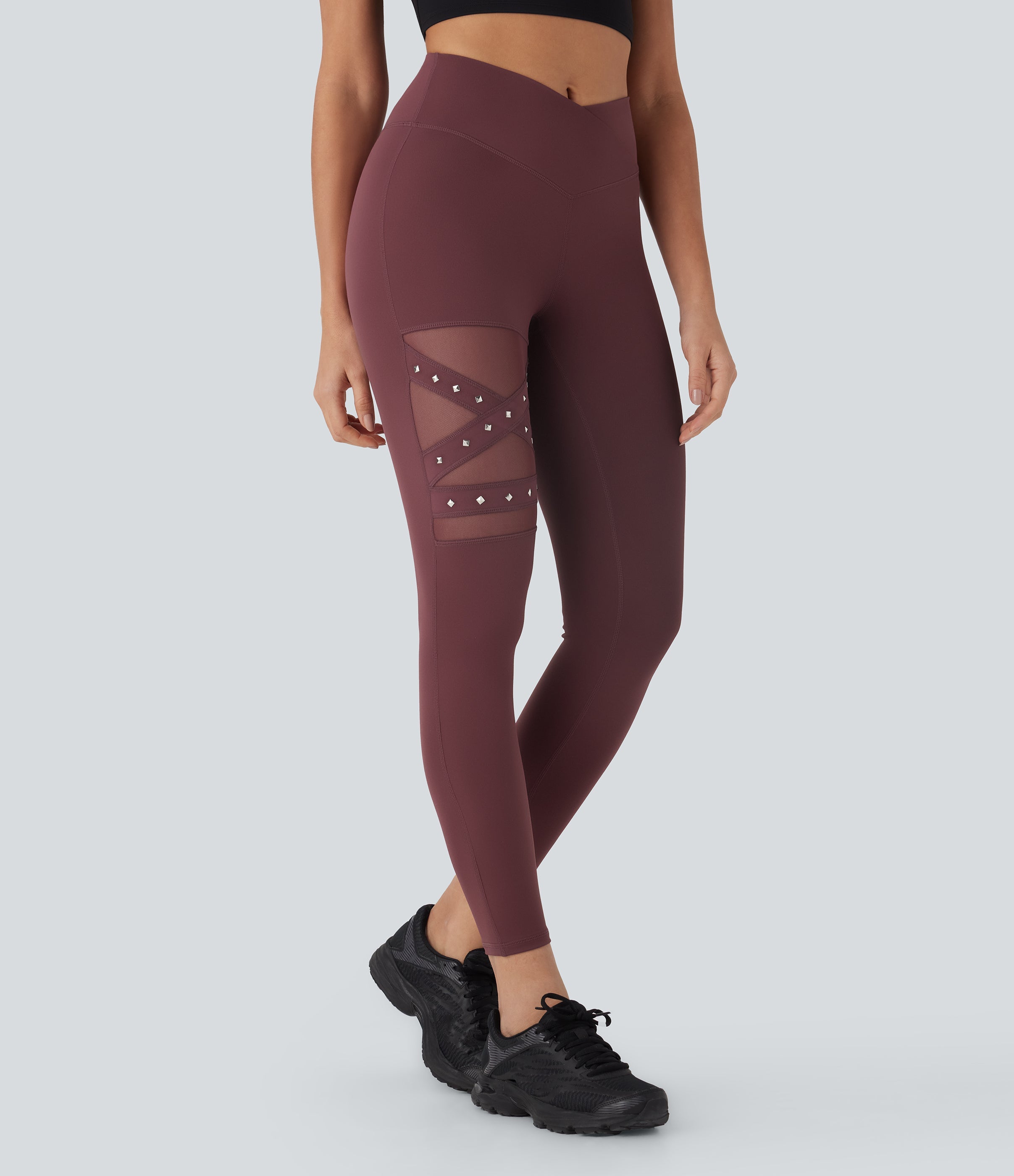 High Waisted Crossover Contrast Mesh Studded Yoga Leggings with Pocket