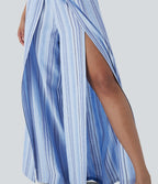 High Waisted Stripe Wide Leg Linen-Feel Pants with Pockets