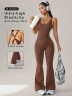 Women's Leopard Print Yoga Jumpsuit, Cross Strap Design, Long Sleeve Slim Fit, Casual Fashion for All Seasons, Comfortable Wear at Home